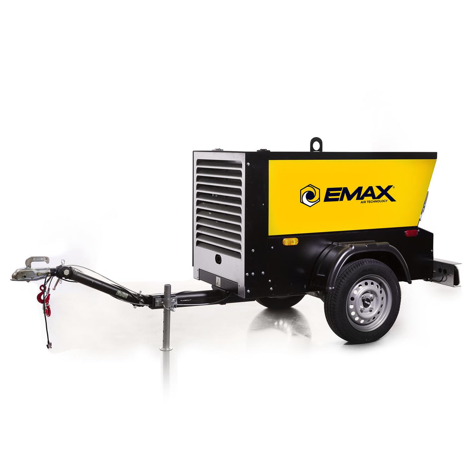 EMAX Trailer Mounted 24 HP Kubota Diesel 185 CFM Rotary Screw Compressor (EDS185TR.EMA)