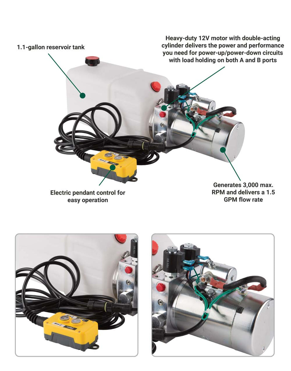 NorTrac® Dump Trailer Power Unit with 12V DC Motor — For Double-Acting Cylinder, 1.1 Gal. Reservoir(53460)