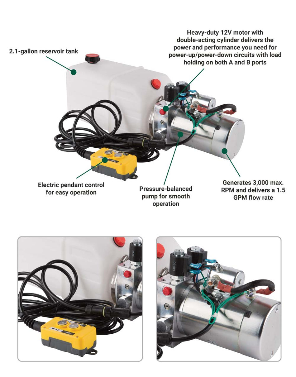 NorTrac® Dump Trailer Power Unit with 12V DC Motor — For Double-Acting Cylinder, 2.1 Gal. Reservoir(53461)