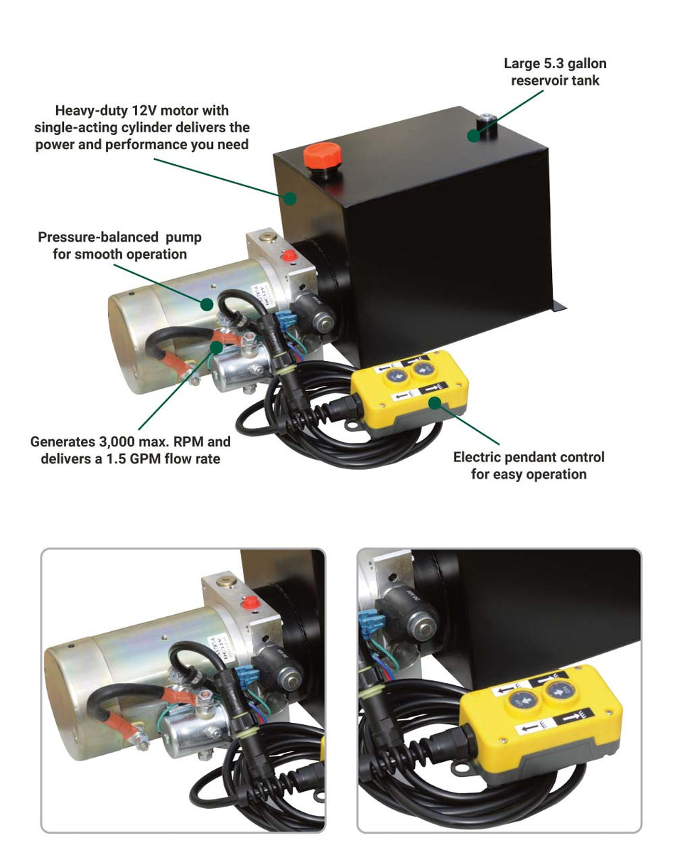 NorTrac® Dump Trailer Power Unit with 12V DC Motor — For Single-Acting Cylinder, 5.3 Gal. Reservoir (53464)