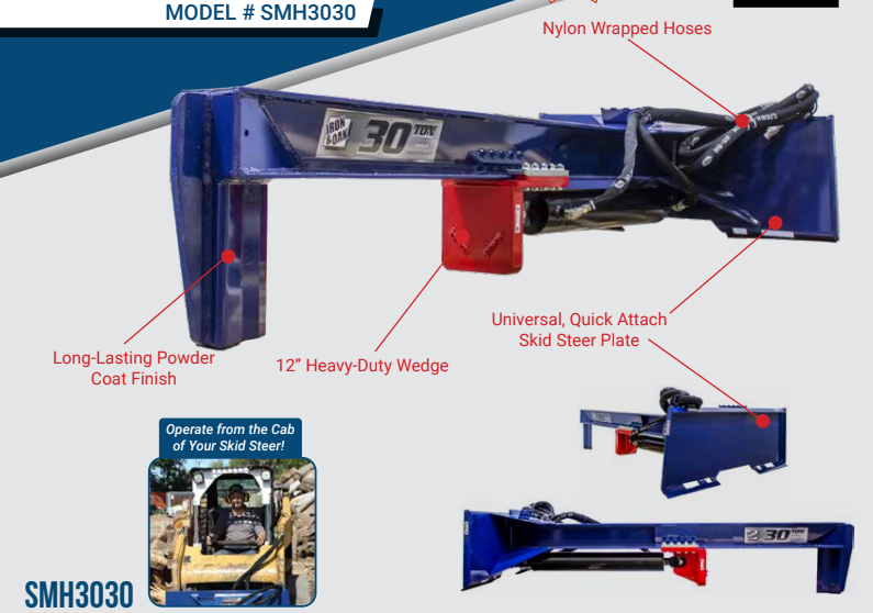 30 Ton Iron & Oak Upside Down Skid Steer Log Splitter 31" Open (SMH3030)